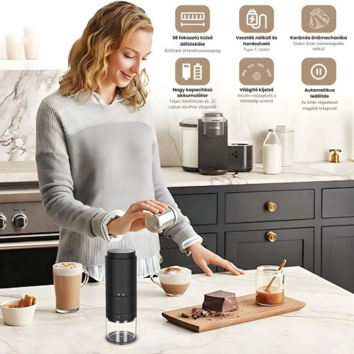 Elektryczny młynek do kawy zasilany bateryjnie – 38 regulowanych ustawień mielenia, wyświetlacz LED