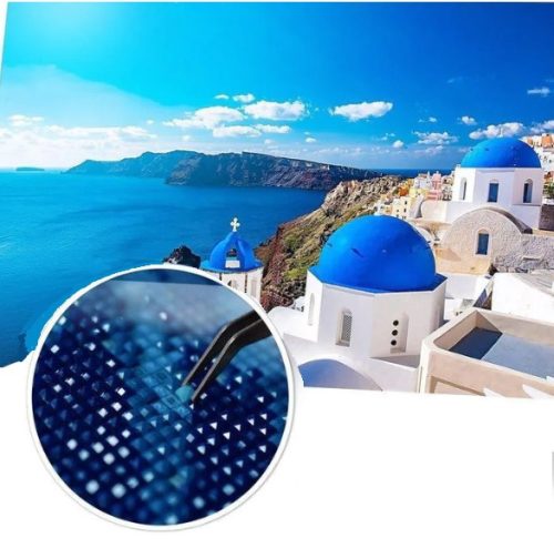 Diamentowy obraz z niebieską plażą i greckim wzorem kopuły 35 x 25 cm